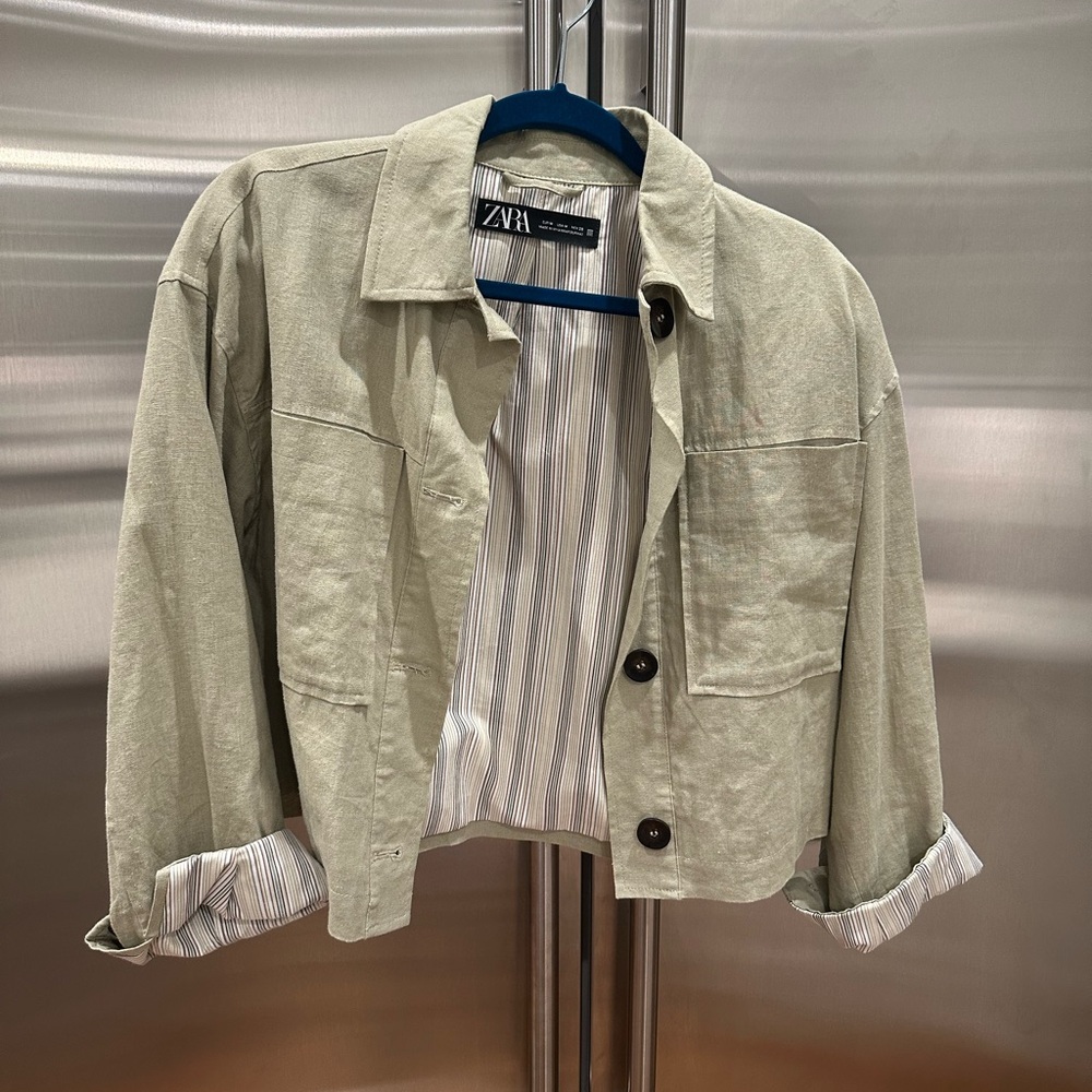 Zara Olive Green Cropped Linen Jacket - Picture 3 of 7